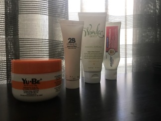Left to Right: YUBE Moisturizing cream, 2B Primer, the Wonder Seed Facial Cream, Equate Cortisone cream